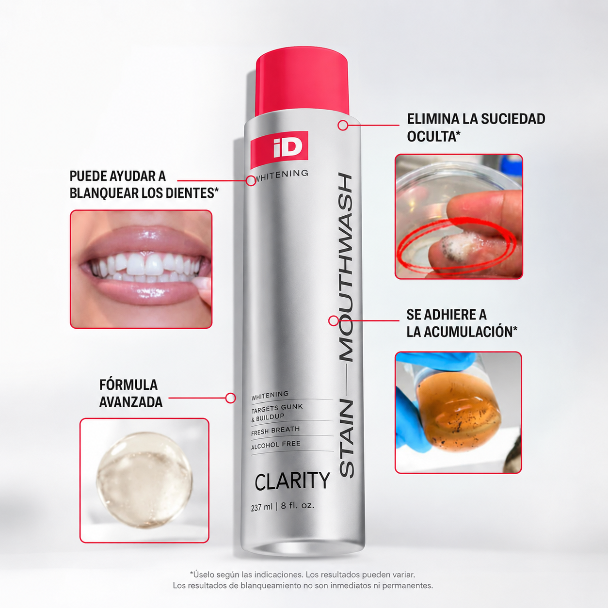Clarity · Elimina los residuos que causan el mal aliento